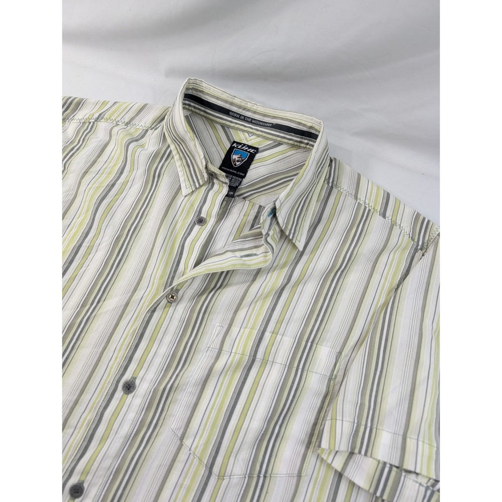 Kuhl | Men's Shirt Medium Short Sleeve Button Up Green/White Vertical Stripes